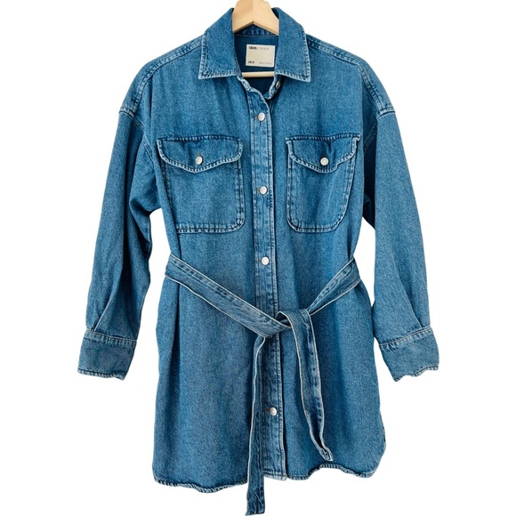 ASOS Denim Mini Dress With Belt in Midwash Blue Size 4 - Picture 2 of 12
